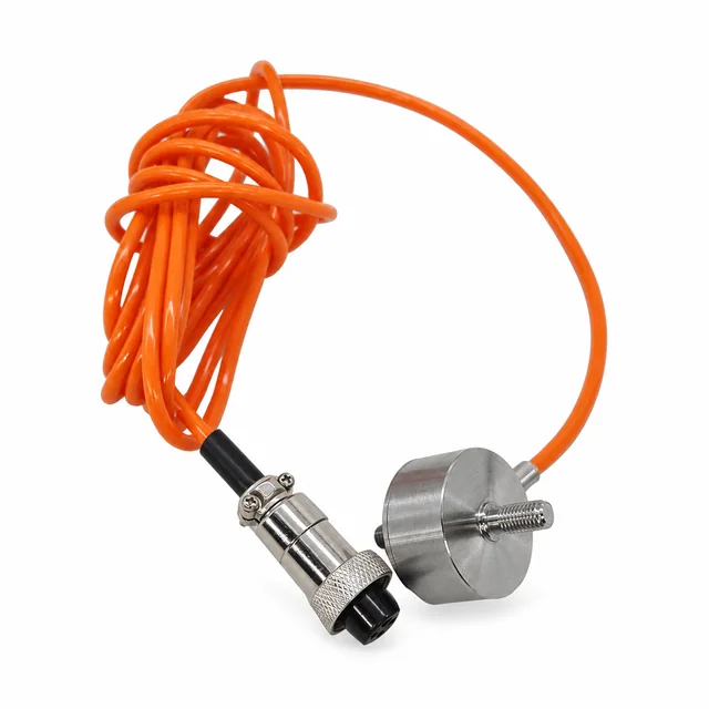 Round inline force sensor with visible front male stud, coiled orange cable and metal circular connector
