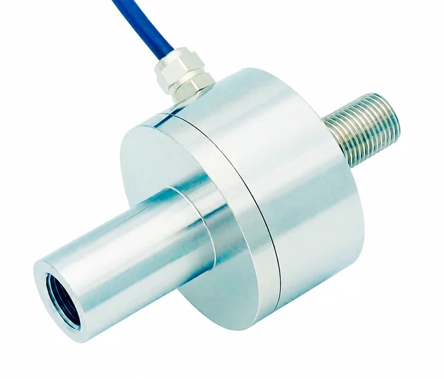 Male-female inline load cell with visible female socket at front-left, male stud at rear-right and blue upper-left cable