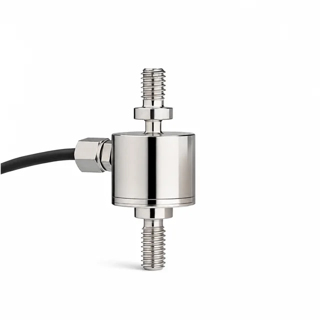 Cylindrical inline load cell with two opposing threaded studs, hex lock nuts and a black left-side cable