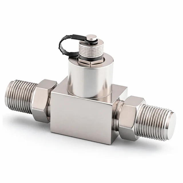 Rectangular inline tension-compression load cell with two horizontal male studs, hex locknuts and top capped connector